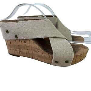 Lucky Brand Mykayla Womens Wedge Wide Criss Cross Strap Sandals Beige Shoes 7.5